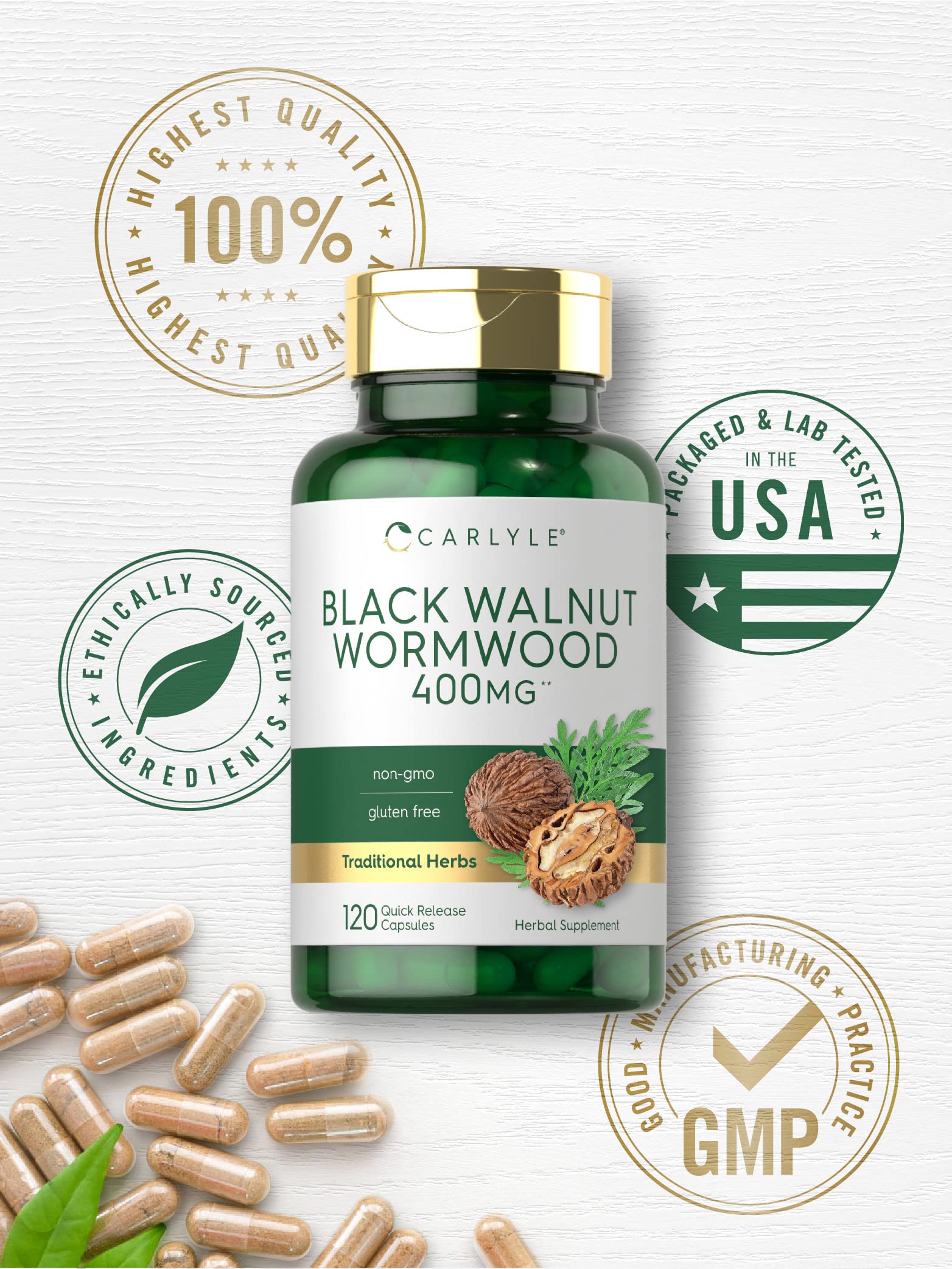 Carlyle Wormwood Black Walnut packaging front— premium gluten-free branding.