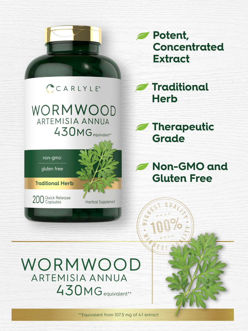 Carlyle Wormwood gluten-free non-GMO badge signals purity