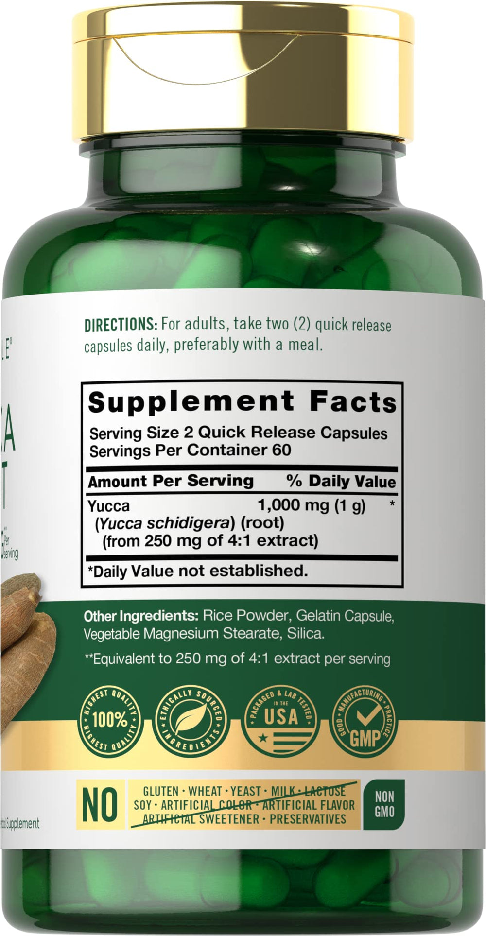 Carlyle Yucca Root Extract capsules close-up, highlighting easy-to-swallow daily use.