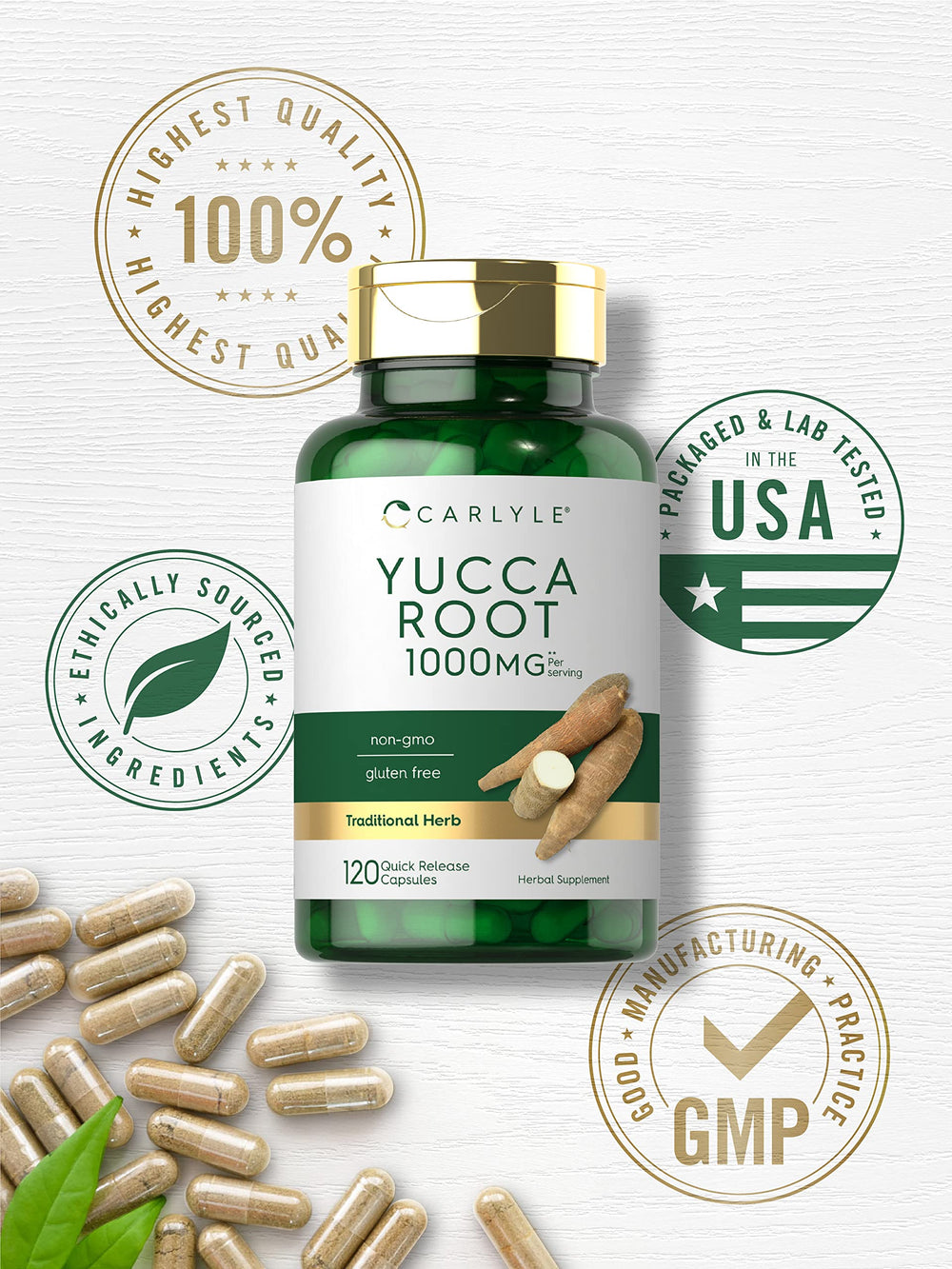 Carlyle Yucca Root Extract yucca root pieces, highlighting natural plant-based source.