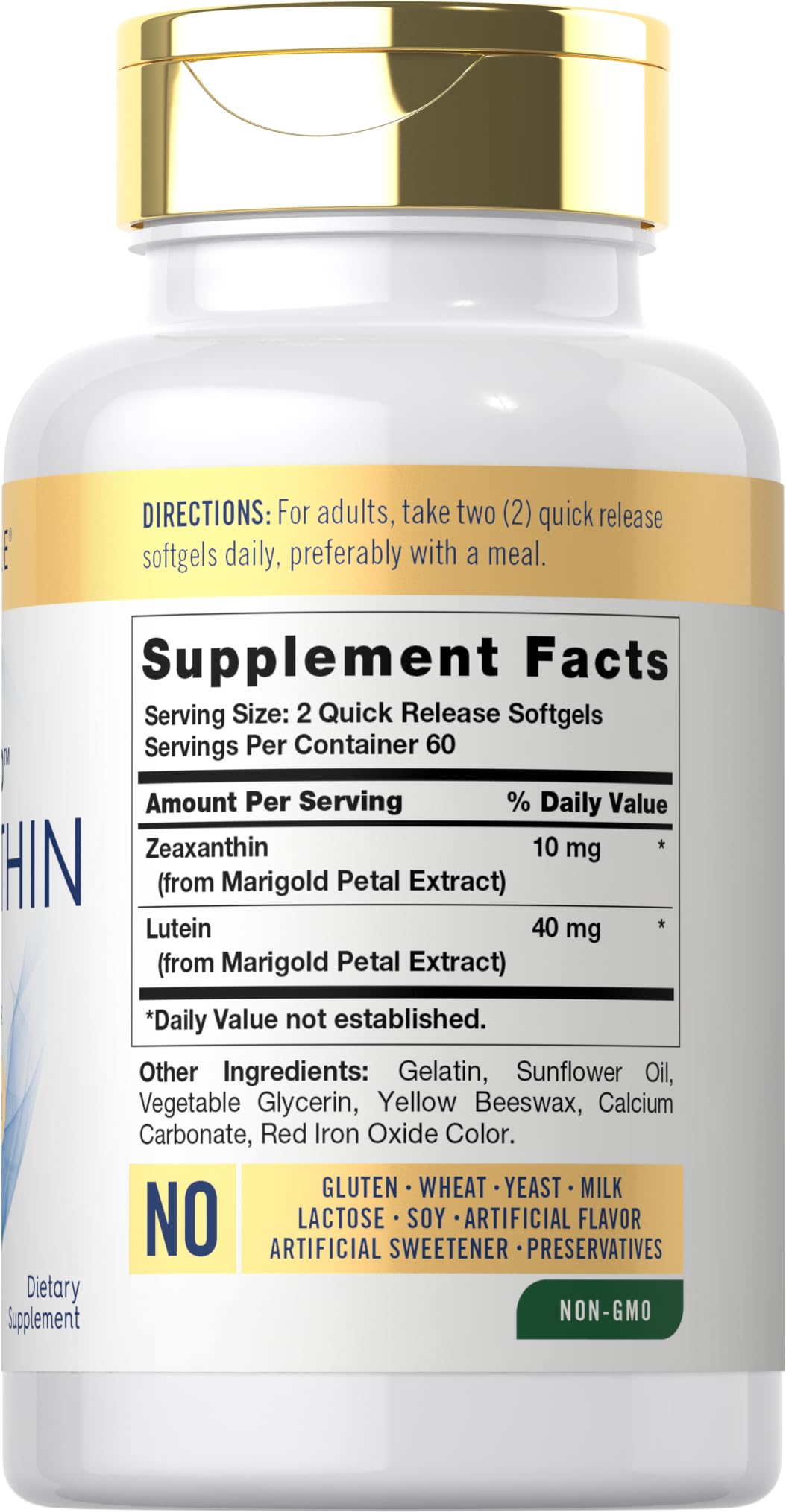 Carlyle Zeaxanthin 10mg softgels packaging shows gluten free non GMO formulation