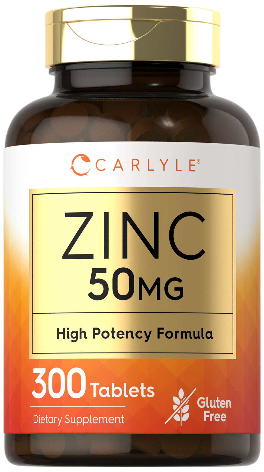 Carlyle Zinc 50mg bottle label shows high-potency zinc gluconate for daily use.