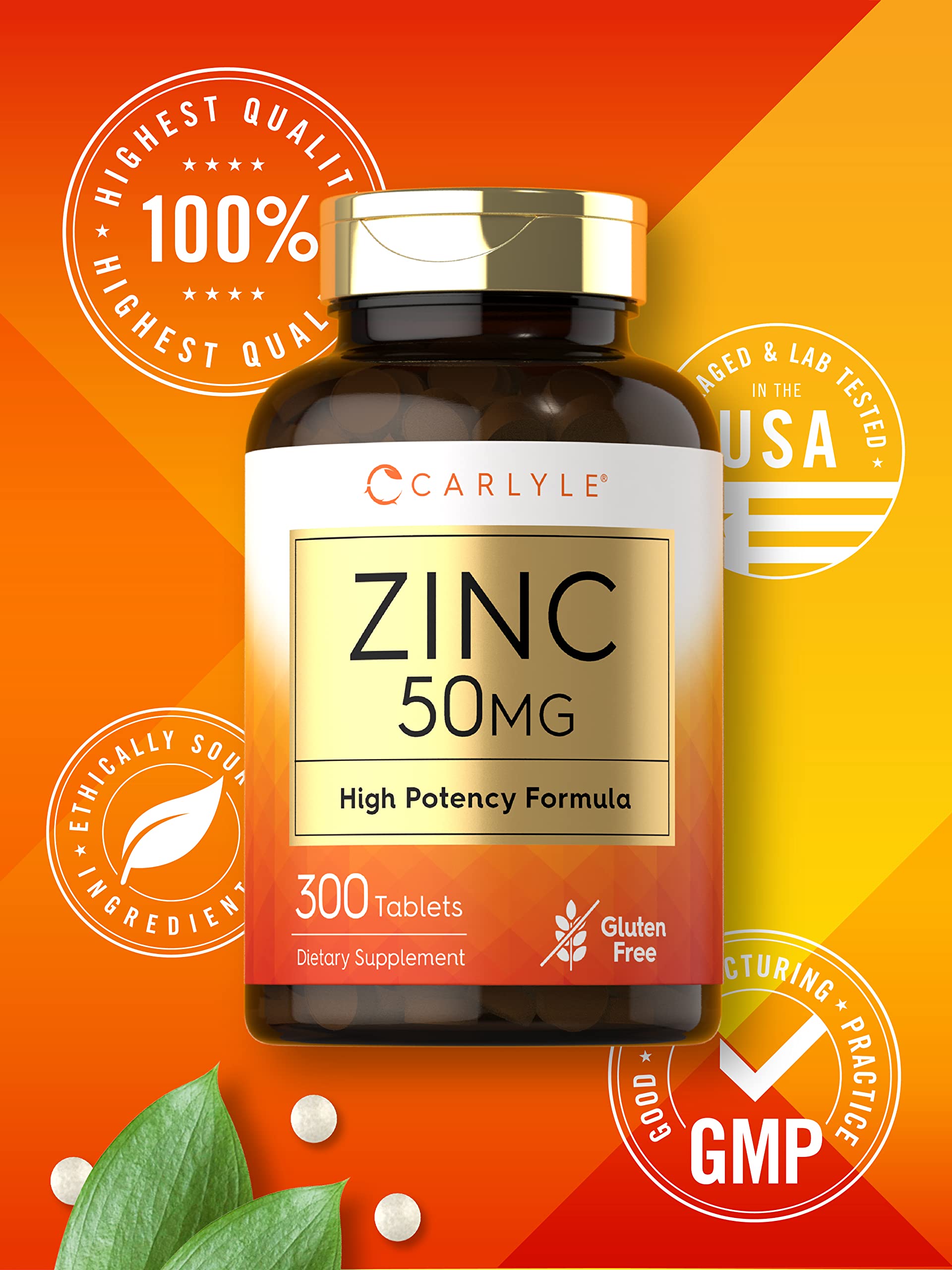 Carlyle Zinc 50mg bottle label notes gluten-free and non-GMO formulation.