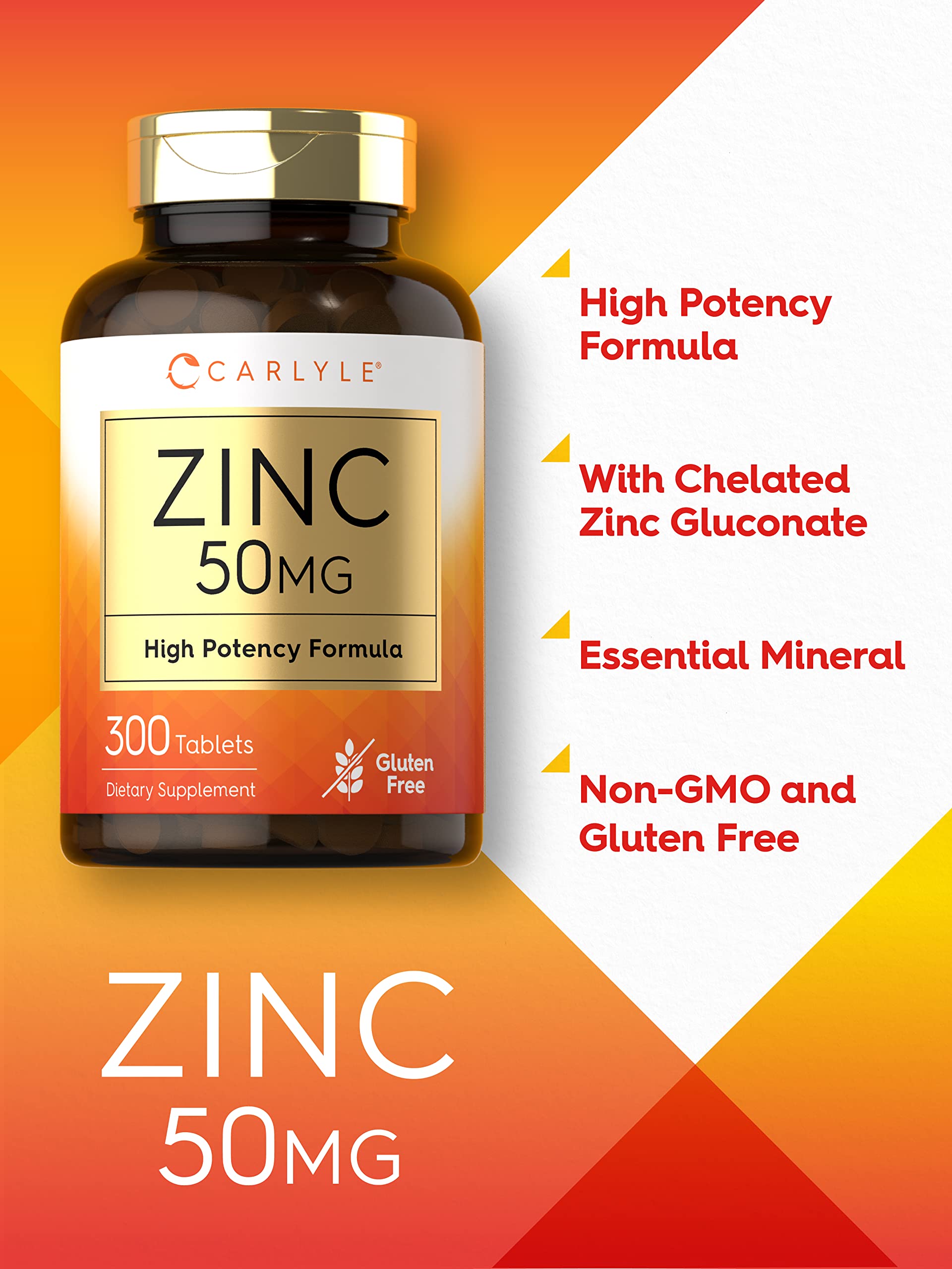 Carlyle Zinc 50mg ingredient panel highlights zinc gluconate as the active form.