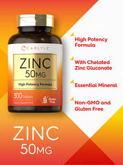 Carlyle Zinc 50mg ingredient panel highlights zinc gluconate as the active form.