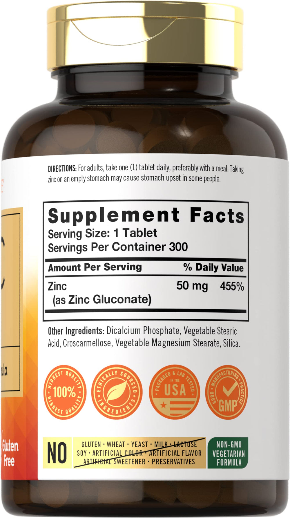 Close-up of Carlyle Zinc 50mg tablets emphasizes vegetarian formula for everyday supplementation.