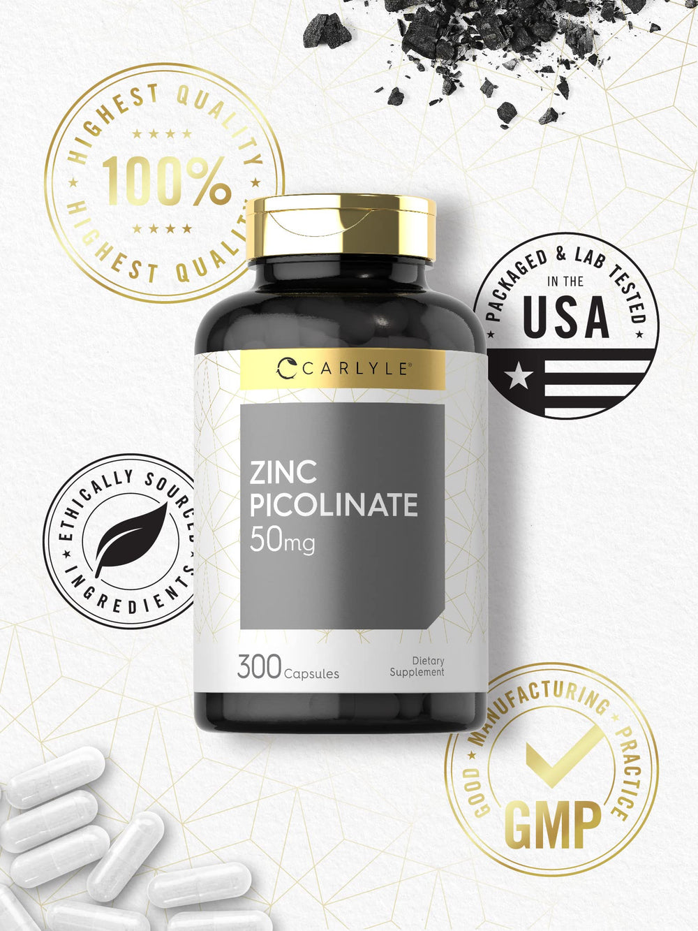 Carlyle Zinc Picolinate 50mg bottle with glass of water in use.