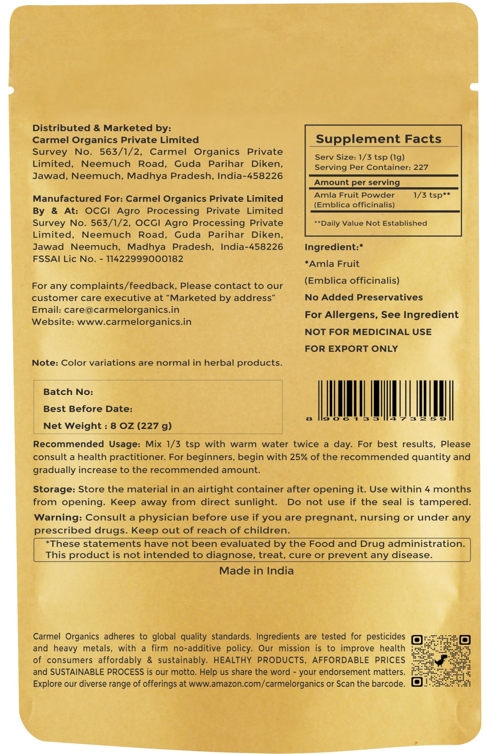 Carmel Organics Amla powder tin close-up highlighting premium packaging