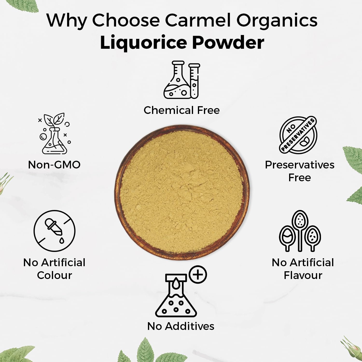 Carmel Organics licorice root powder ingredient label communicates transparency.