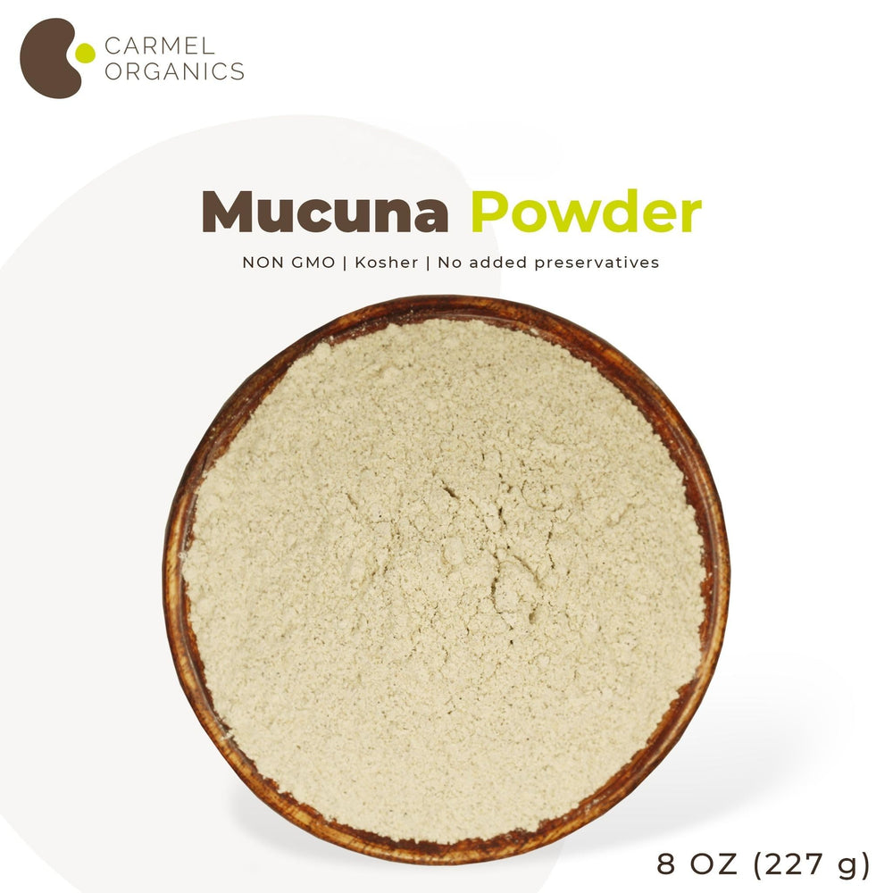 Close-up of Carmel Organics Mucuna Pruriens powder texture for smooth mixing