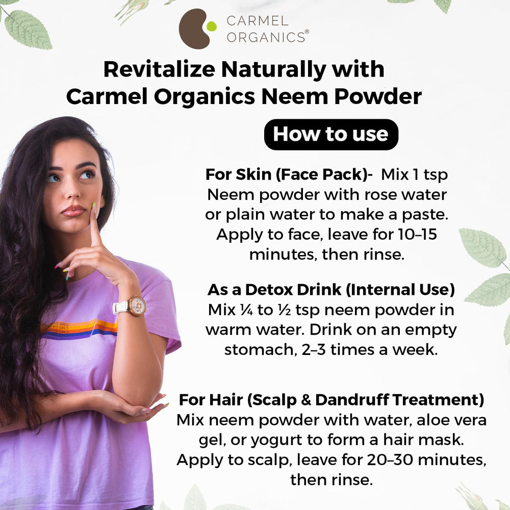 Carmel Organics Neem Leaves Powder used in a hair care routine.