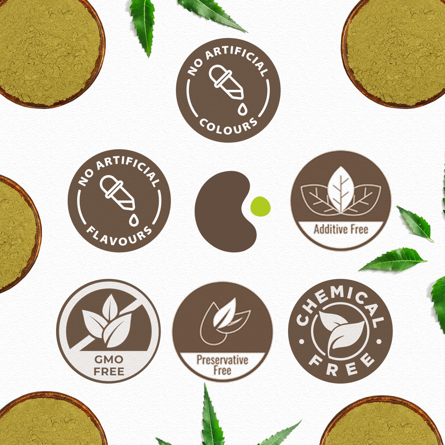 Packaging display showing secure envelope packaging for Carmel Organics neem powder.