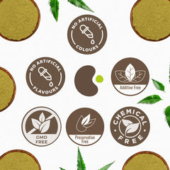 Packaging display showing secure envelope packaging for Carmel Organics neem powder.