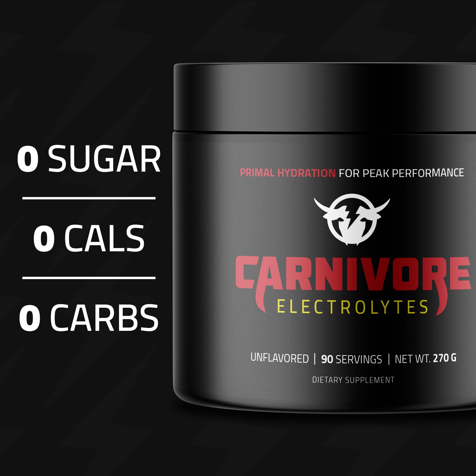 Carnivore Electrolytes powder tub showcasing unflavored formula for keto-friendly hydration.