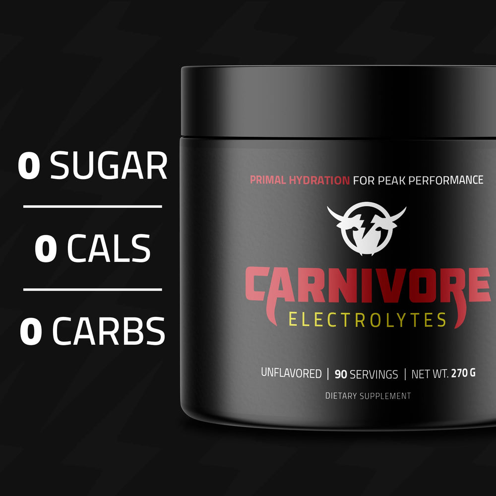 Carnivore Electrolytes powder tub showcasing unflavored formula for keto-friendly hydration.