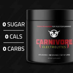 Carnivore Electrolytes powder tub showcasing unflavored formula for keto-friendly hydration.
