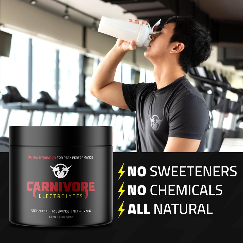 Kitchen scene with Carnivore Electrolytes setup and clean ingredient emphasis.