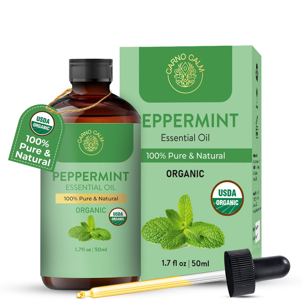 Carno Calm peppermint oil bottle pour for diffuser aromatherapy.