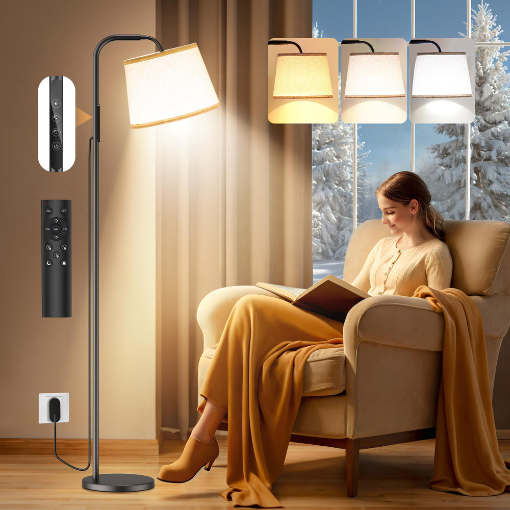 Caromolly light therapy lamp on a stand with linen shade for bright, mood-enhancing light.