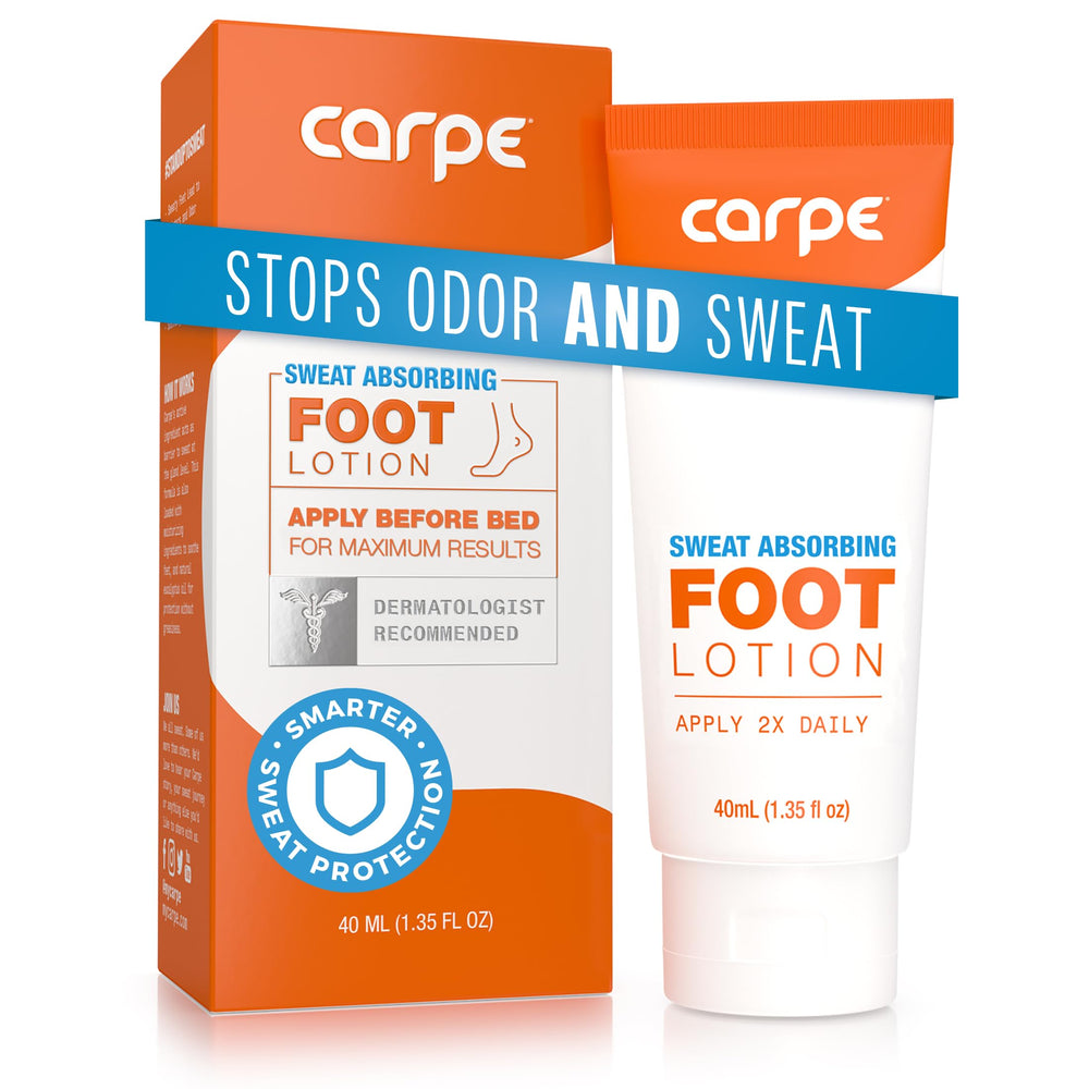 Carpe Sweat Absorbing Foot Lotion packaging highlights a dermatologist recommended formula for dry feet