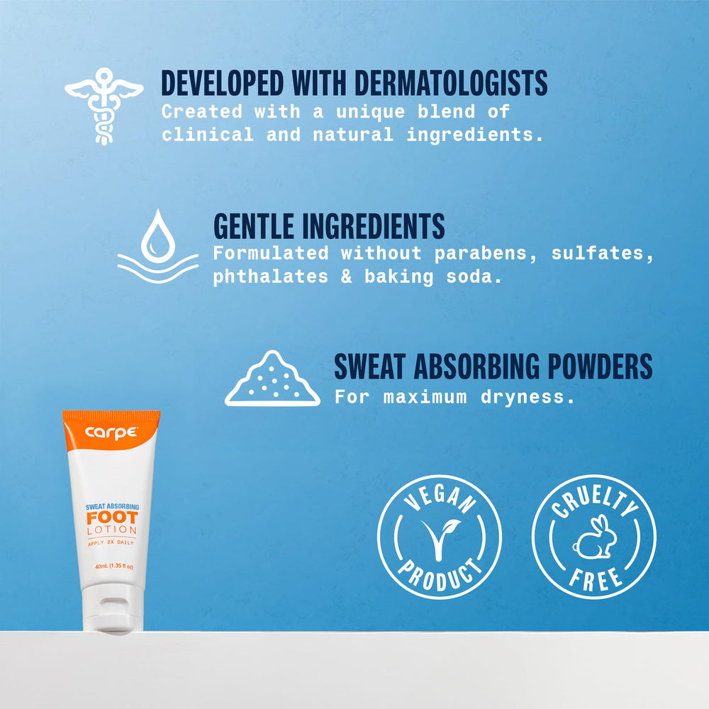 Carpe Sweat Absorbing Foot Lotion tube closeup suggests quick dry, non greasy feel