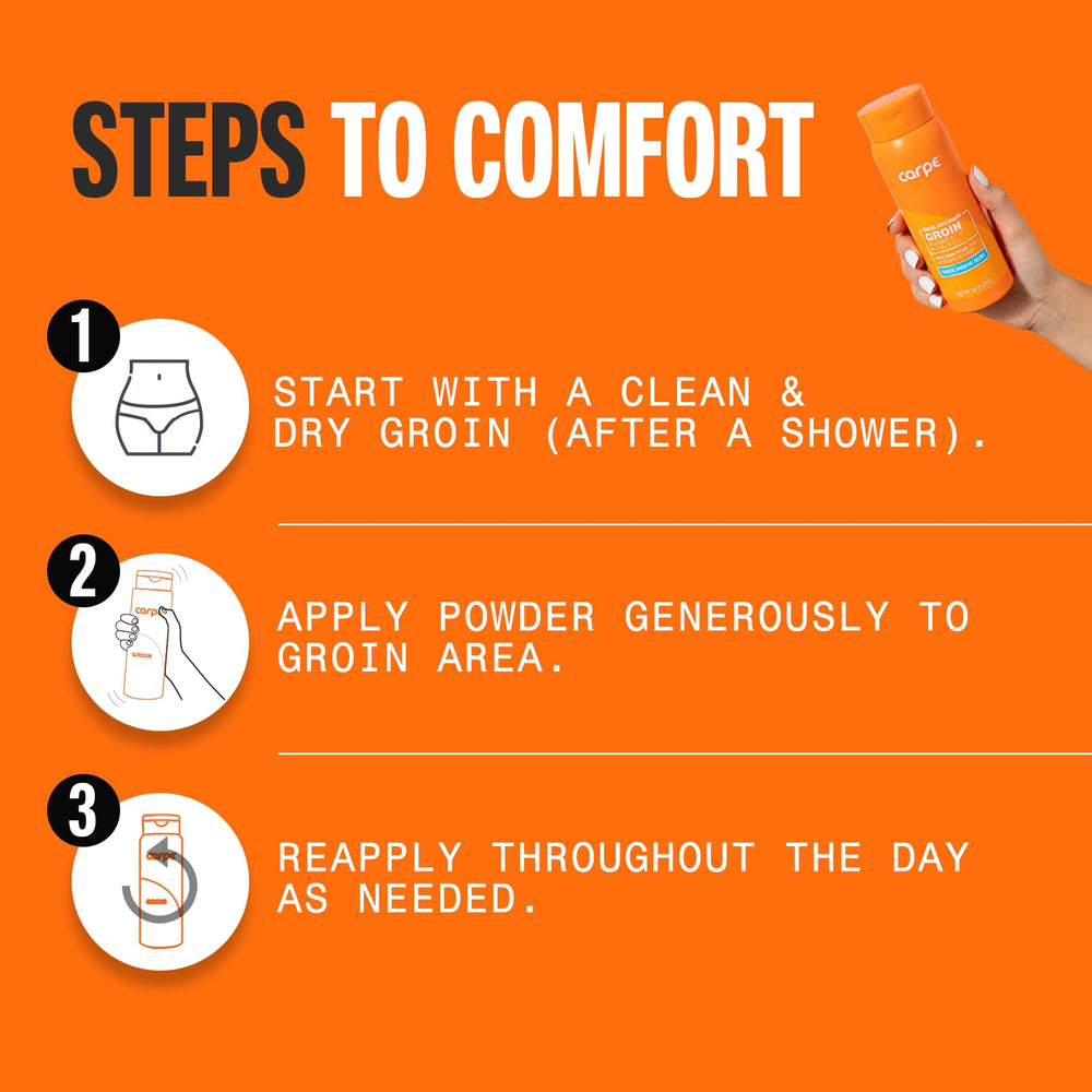 Carpe Sweat Absorbing Powder packaging highlights talc-free formula on packaging.