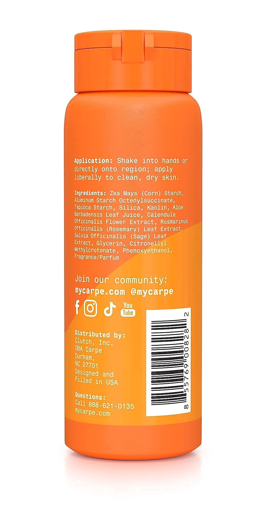 Carpe Sweat Absorbing Powder label closeup confirms vegan, paraben-free ingredients.