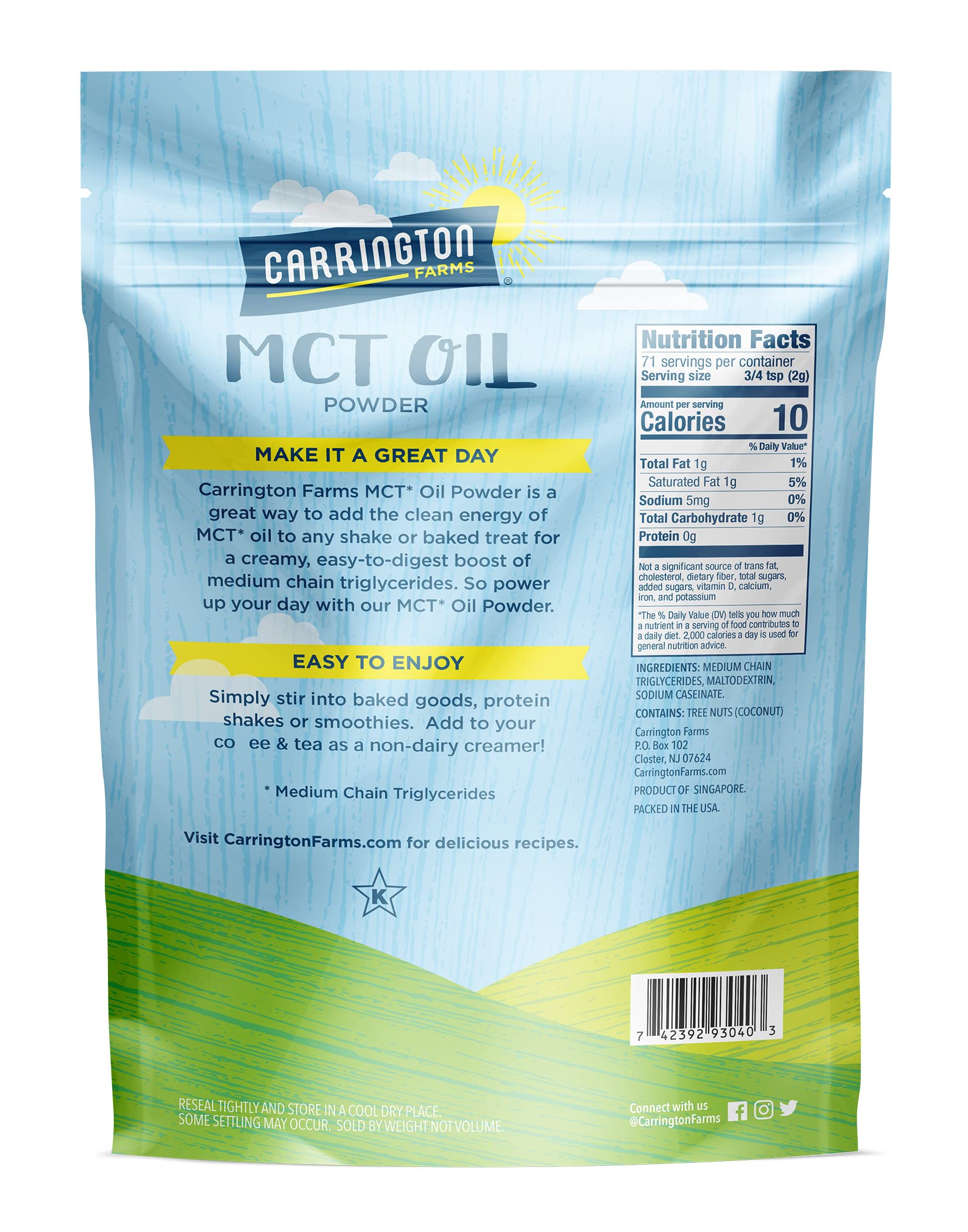 Carrington Farms MCT Powder stirred into coffee for a smooth energy boost.