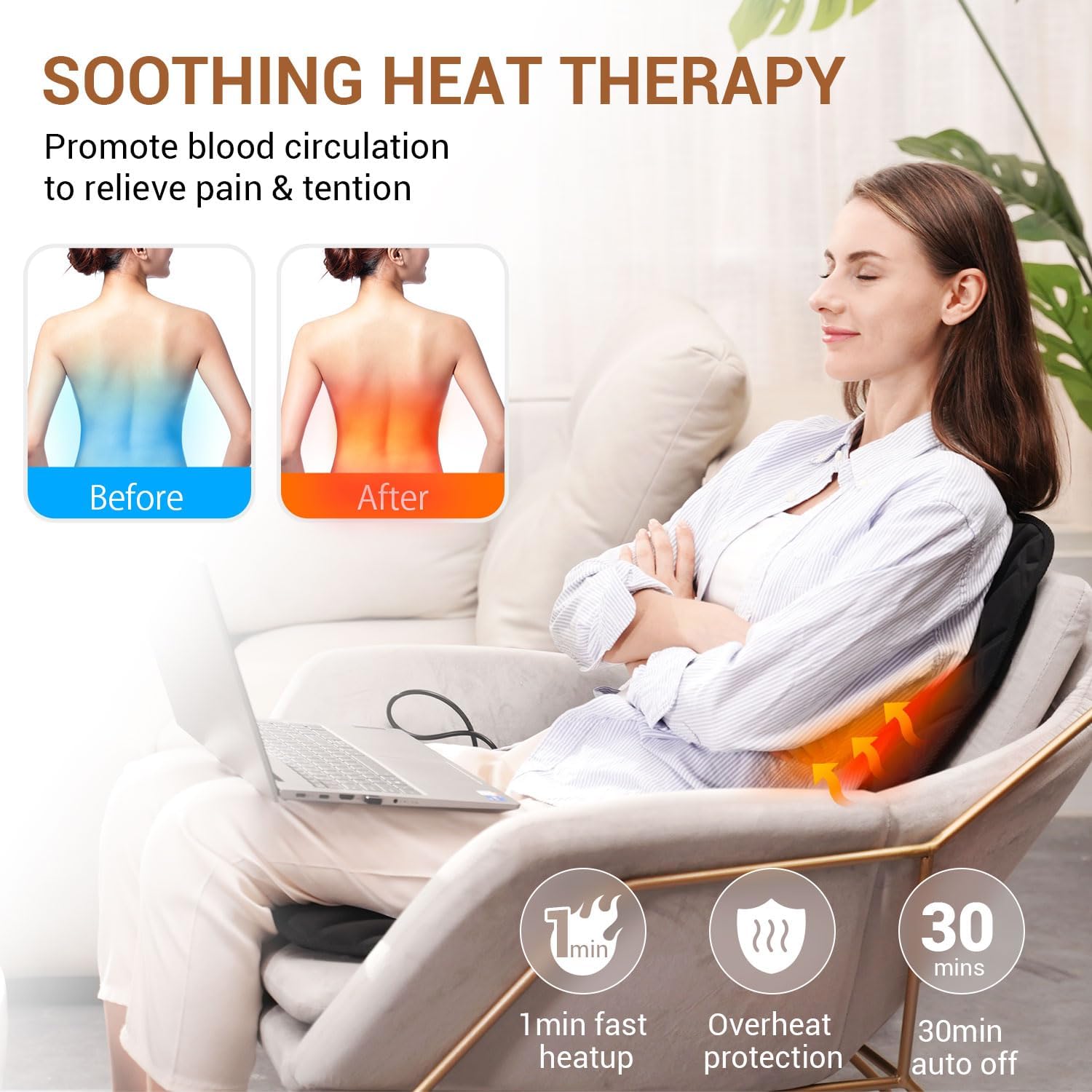CARSHION adjustable strap secures cushion on chair.