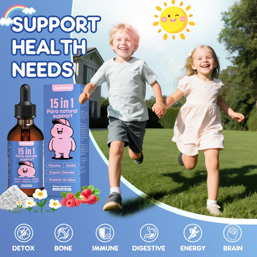 Cartiverse Berry flavor drops shown for kid-friendly taste and daily wellness.