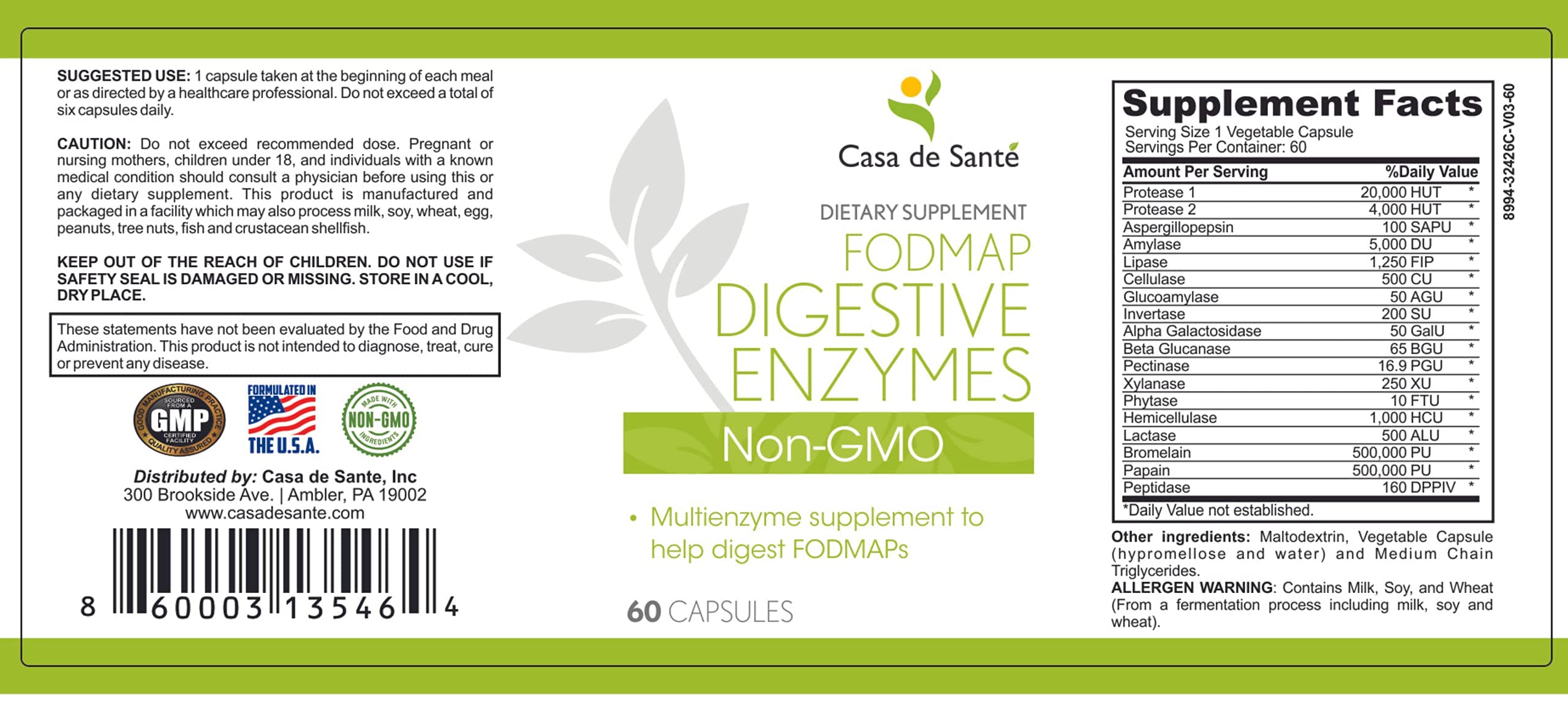 Casa de Sante label highlights low FODMAP, non-GMO formulation for sensitive stomachs.