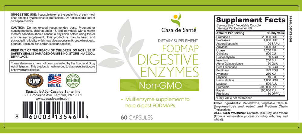 Casa de Sante label highlights low FODMAP, non-GMO formulation for sensitive stomachs.
