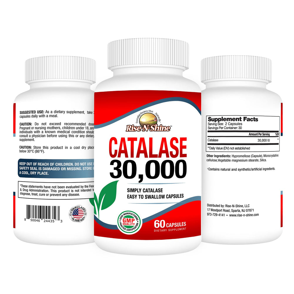 Closeup of Rise-N-Shine Catalase label highlighting high potency
