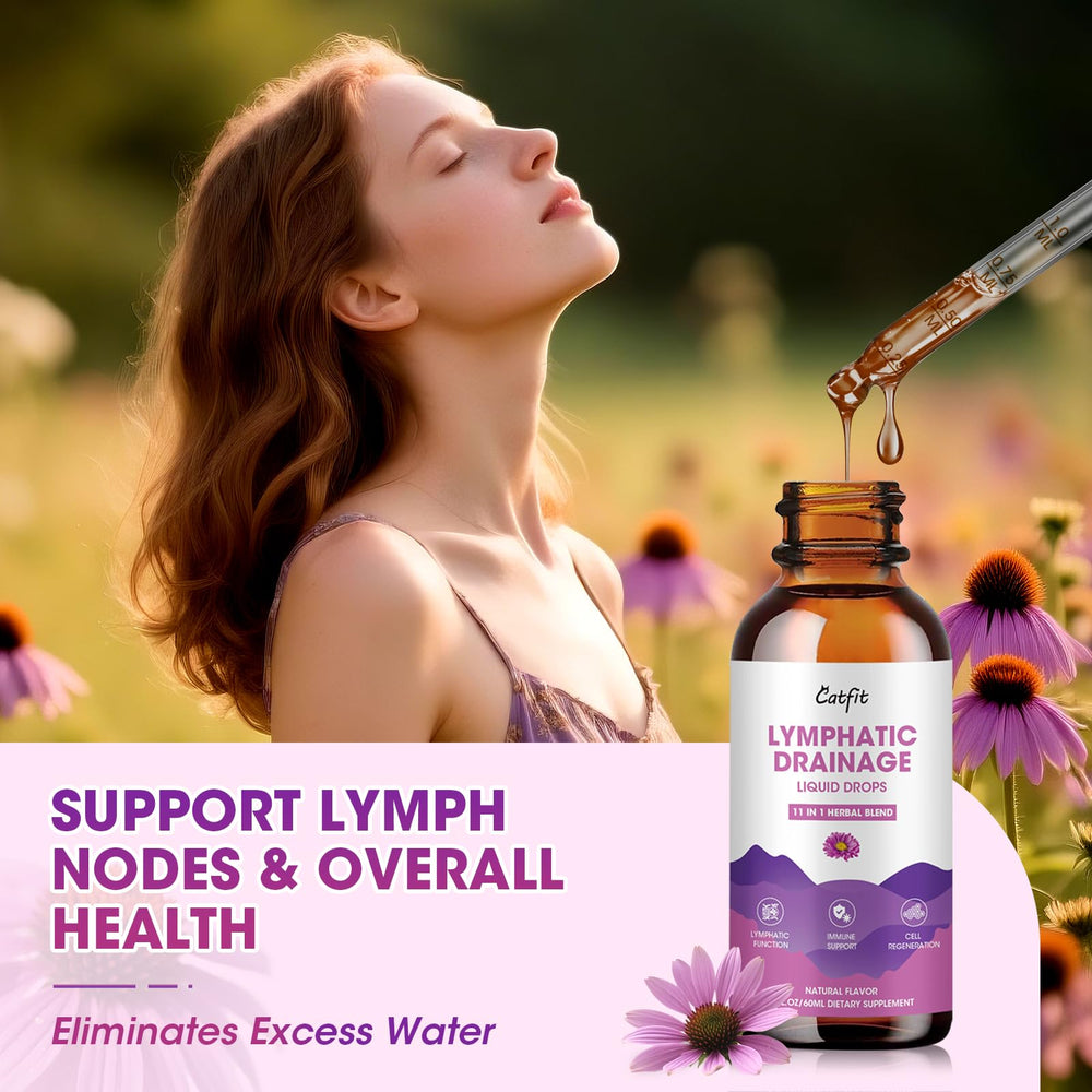 Catfit Lymphatic Drainage Drops herbal blend in bowl, showcasing the 11-herb mix.