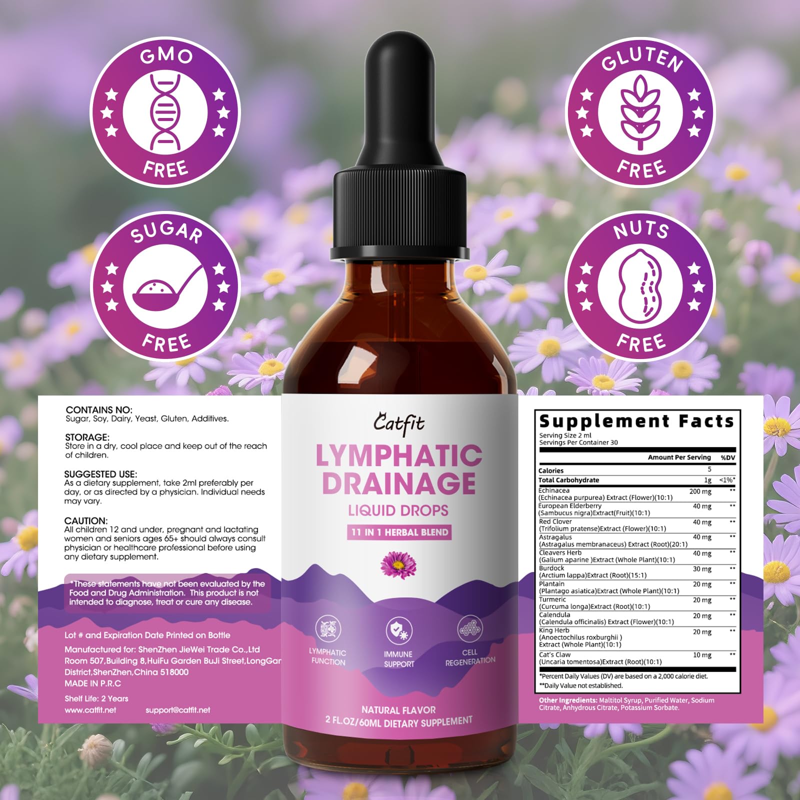 Catfit Lymphatic Drainage Drops used with a lymphatic drainage massager for enhanced routine.