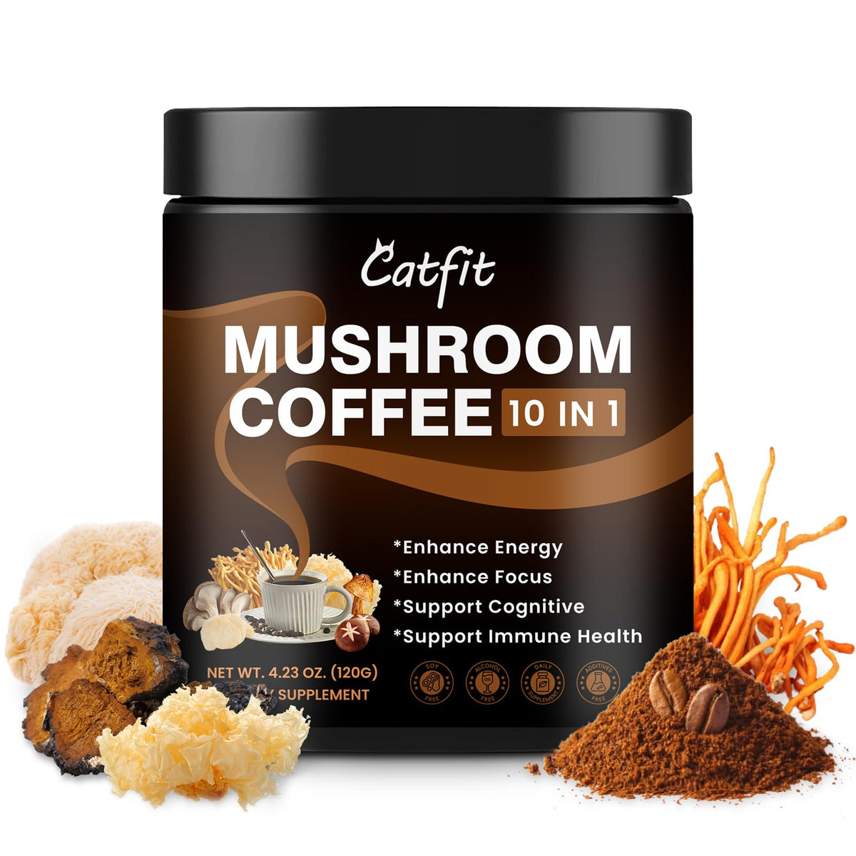 Catfit Mushroom Coffee Powder bottle front promotes clean energy and focus.