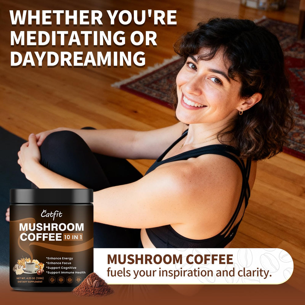 Catfit Mushroom Coffee Powder dissolving in hot water for easy mix.