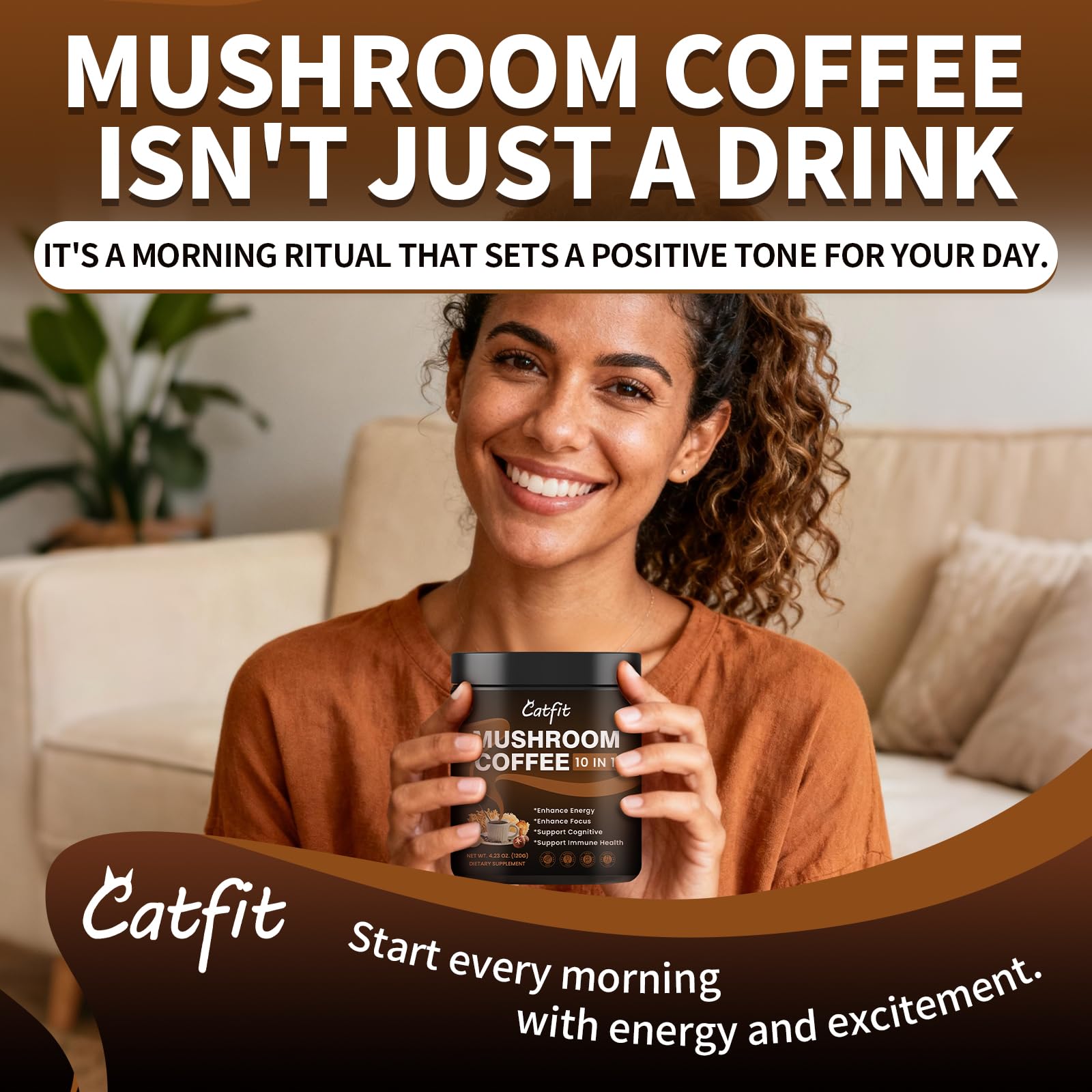 Catfit Mushroom Coffee Powder in mug delivers creamy aroma and smooth sip.