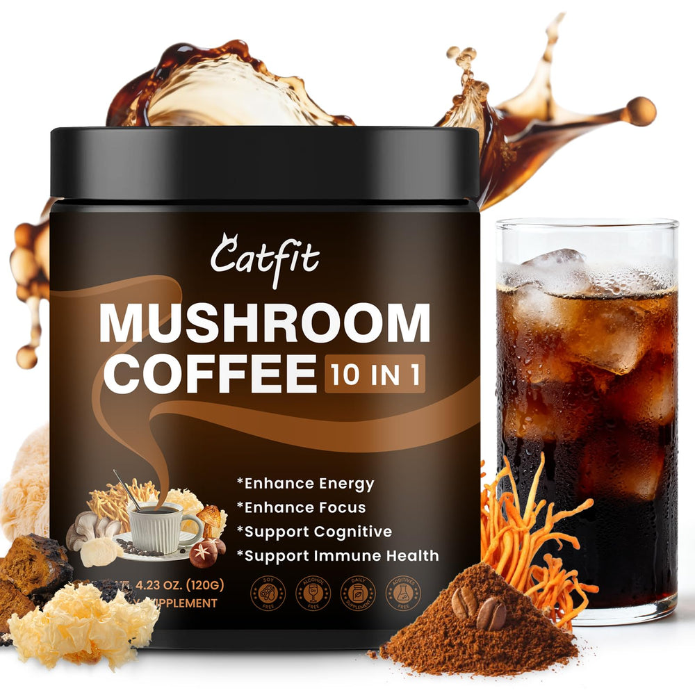 Catfit Mushroom Coffee Powder packaging shows gluten-free ingredients.