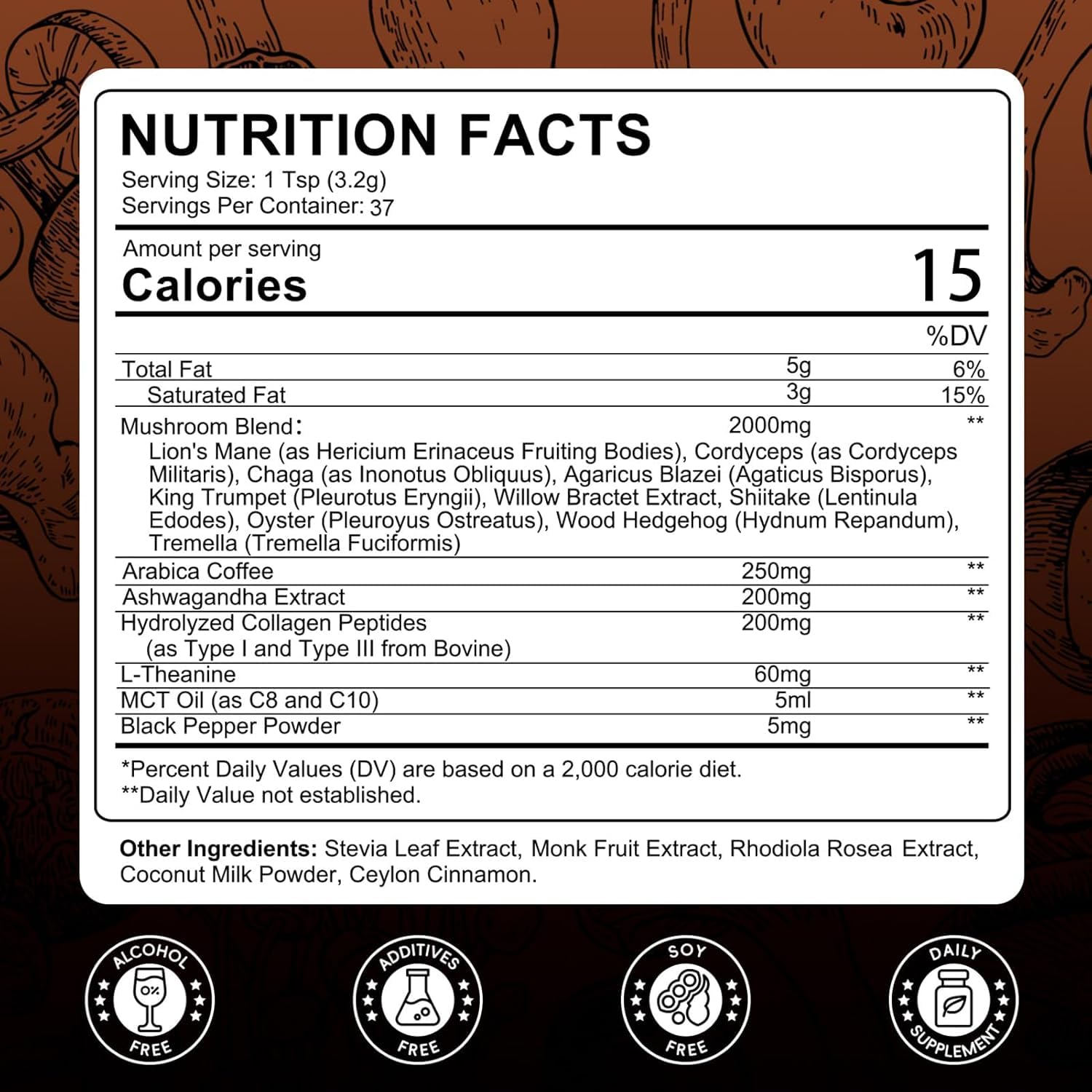 Catfit nutrition label showcases ingredients and mushroom benefits