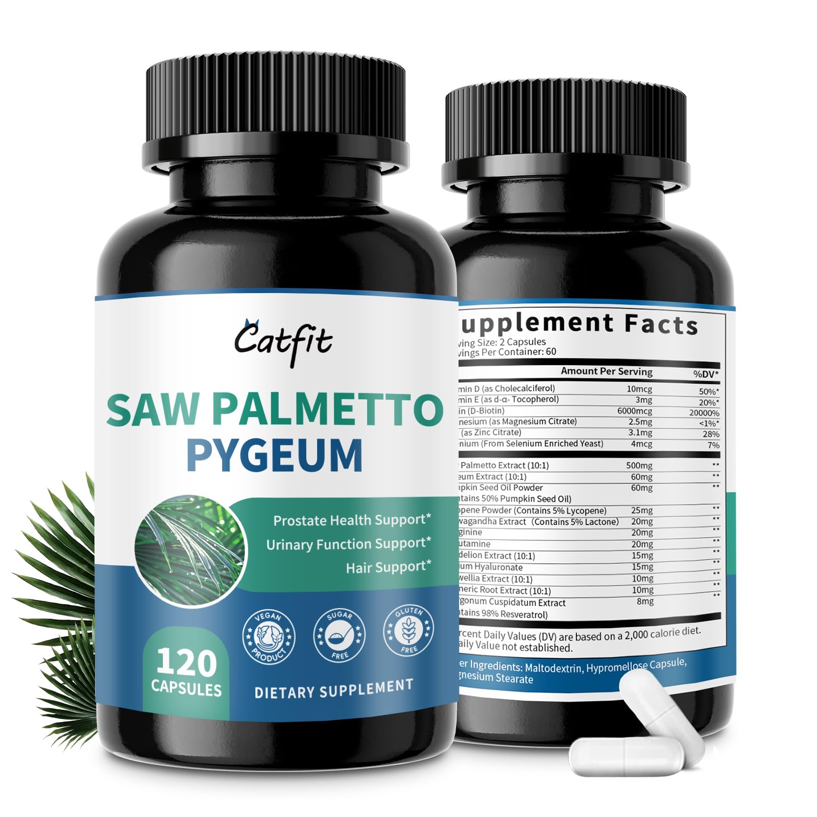 Catfit Saw Palmetto bottle front showing packaging for prostate support and energy.