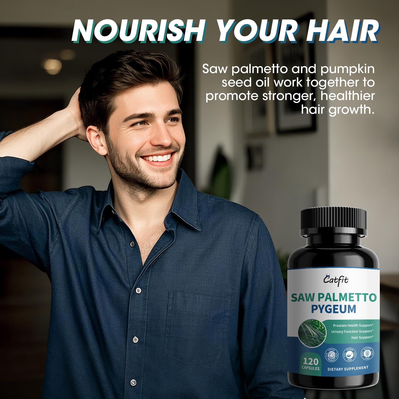 Catfit Saw Palmetto pumpkin seed oil ingredient visual for potential hair and vitality benefits.