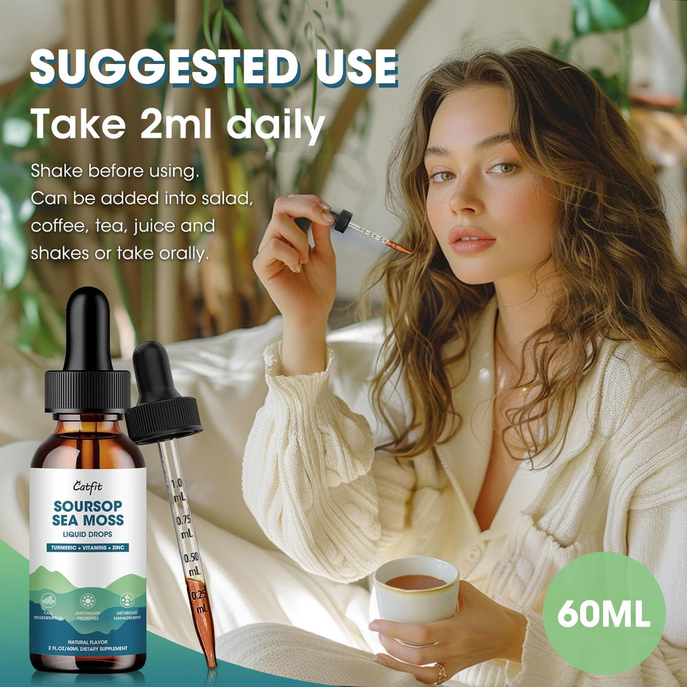 Catfit Soursop Drops close-up shows turmeric and black pepper for absorption.