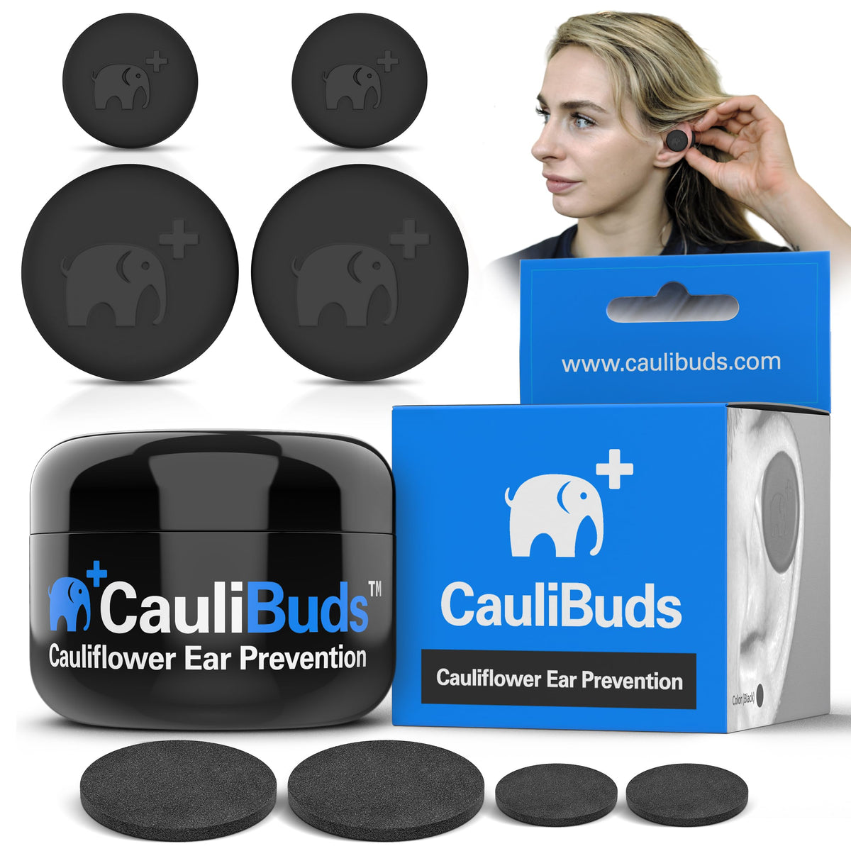 CauliBuds ear magnets close-up, highlighting silicone build and magnetic compression for daily ear care.