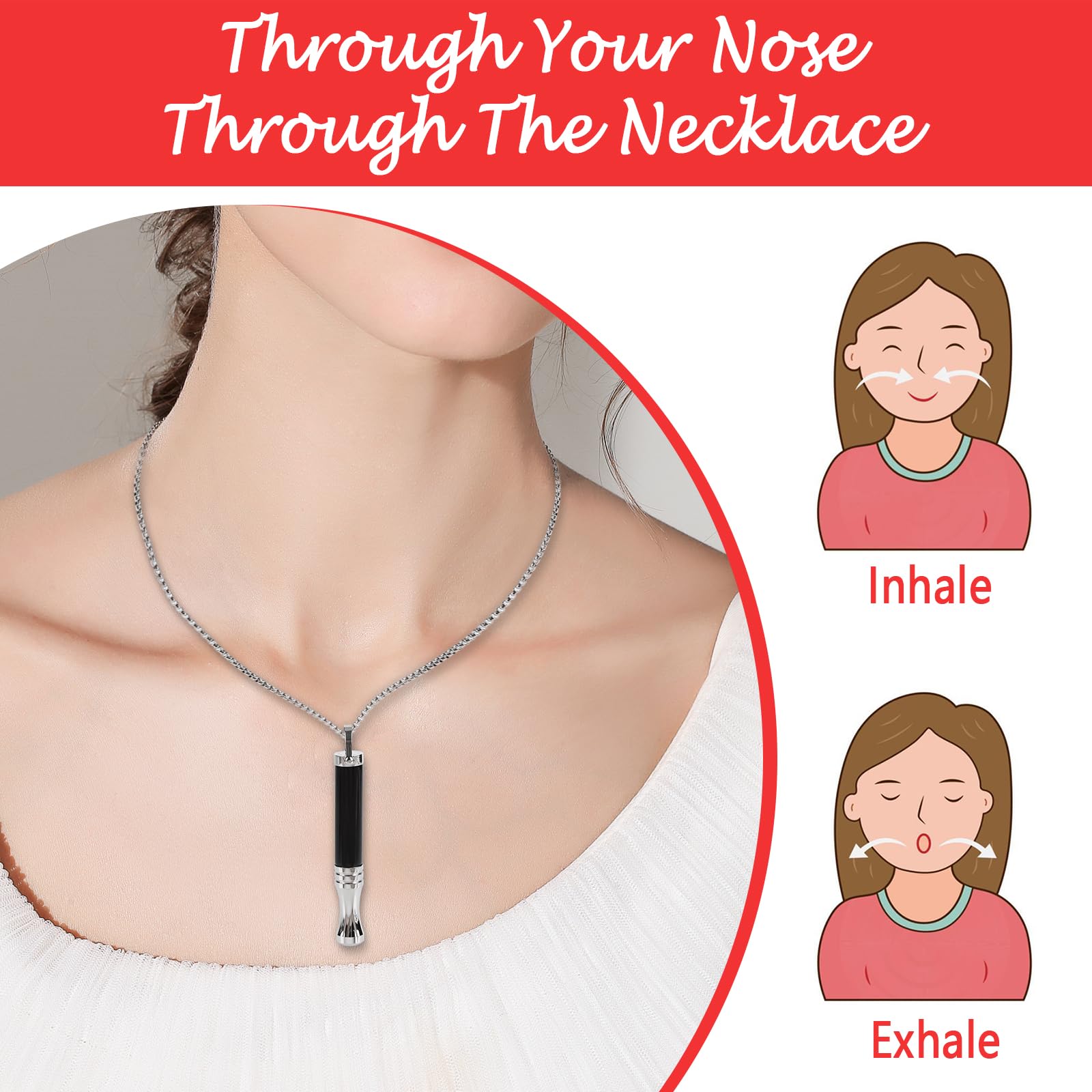 cbcxaok Breathe Free Necklace lifestyle shot emphasizing mindfulness and stress relief potential.
