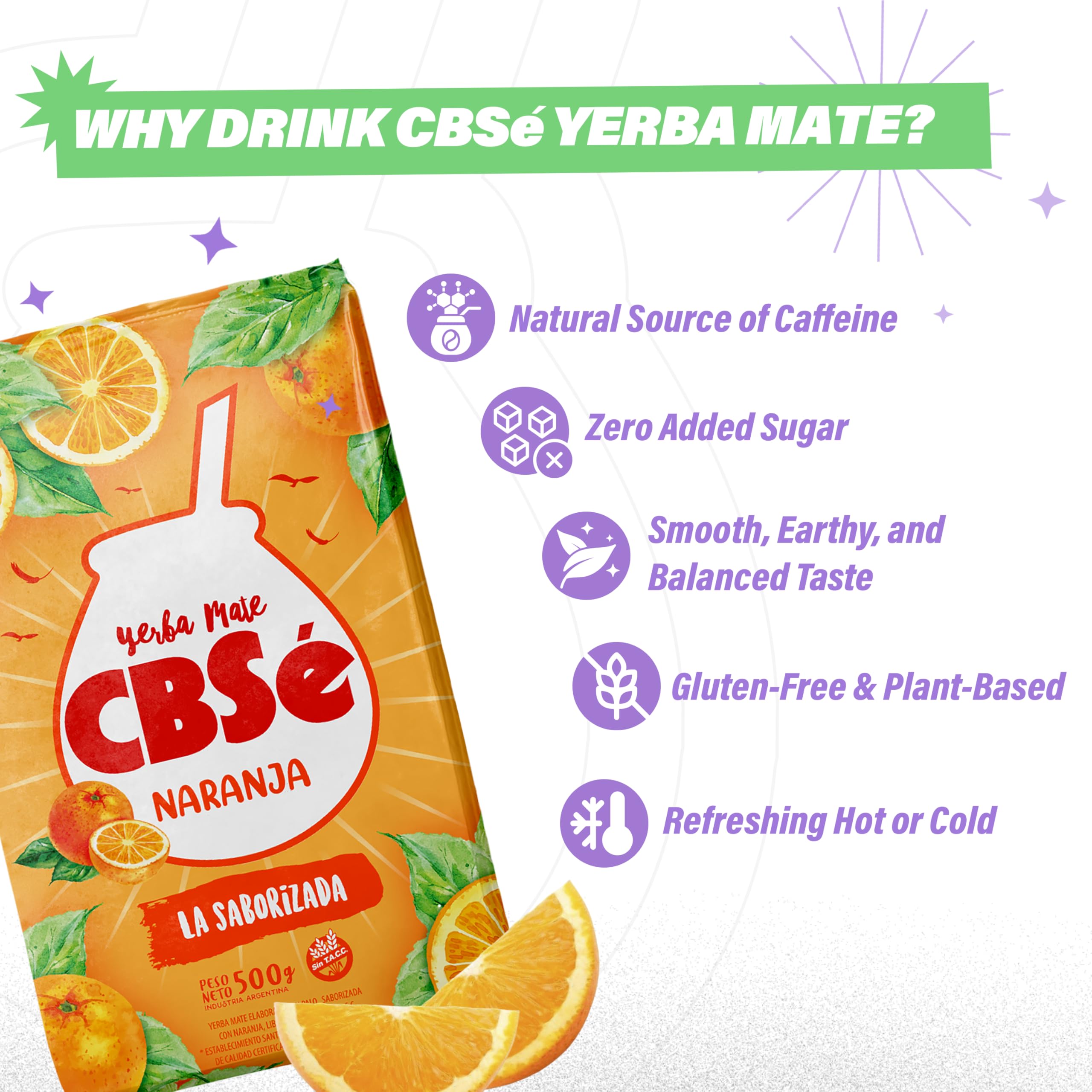 CBSé Orange Flavor packaging highlighting gluten-free, naturally caffeinated tea