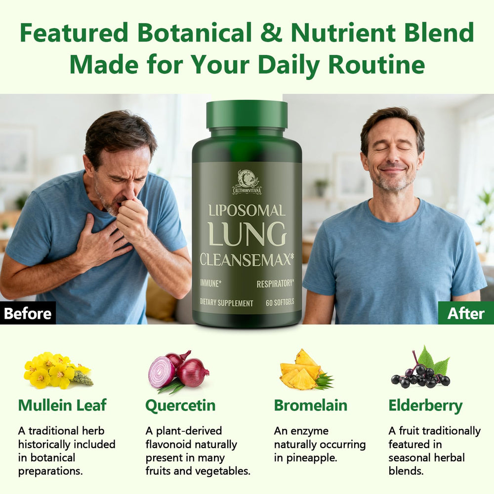 C Calthorvitana Liposomal Lung Cleansemax capsules in hand illustrate portability for daily use