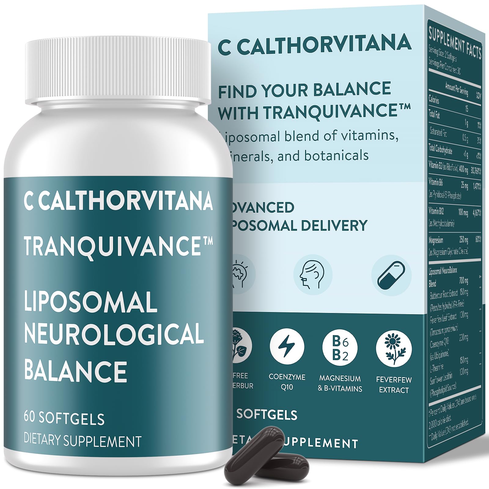 C Calthorvitana Migraine Relief softgel bottle for daily head comfort.