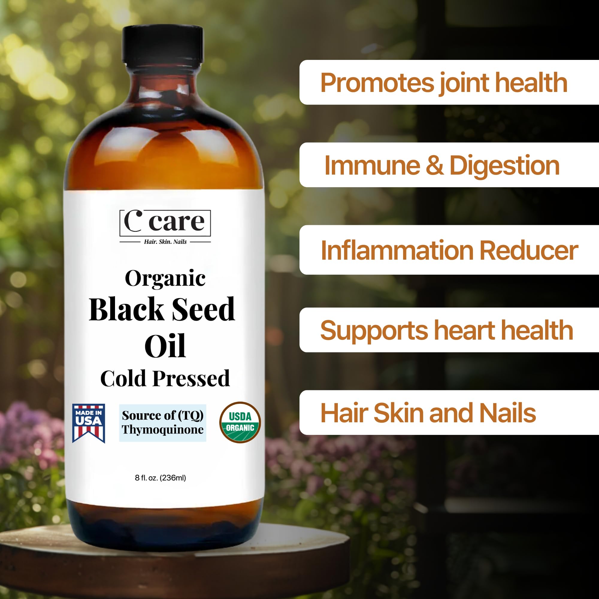 C CARE Amber glass bottle product shot communicates freshness and premium packaging.