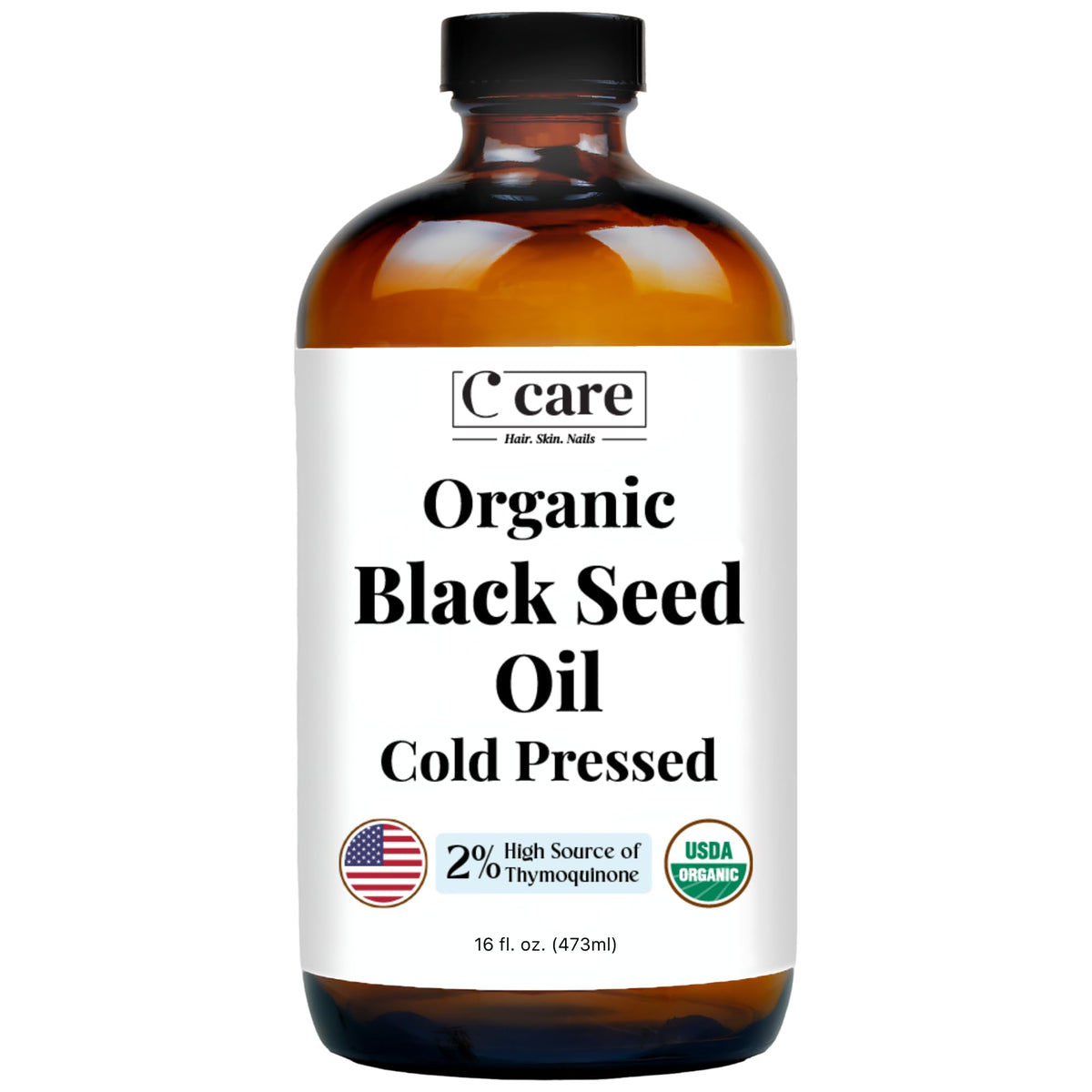 C CARE Black Seed Oil in a glass bottle pour highlights premium cold-pressed oil.